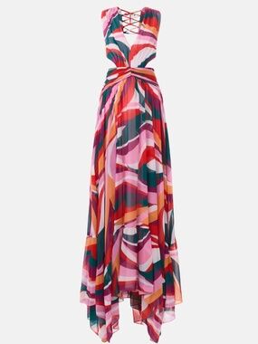 PatBo DELOS Plunge Maxi Dress Cut Out Cutout Red Swirl - US 4